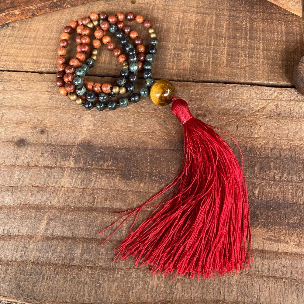 โจGREEN JASPER/ROSEWOOD/TIGER EYE MALA NECKLACE - Picture 4 of 16
